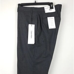 Calvin Klein Mens Dress Pants New 36Wx34L Gray Plaid Slim-Fit Flat E04485
